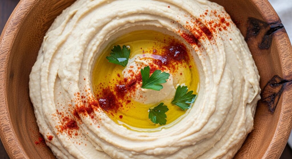 Creamy smooth hummus base in a serving bowl.