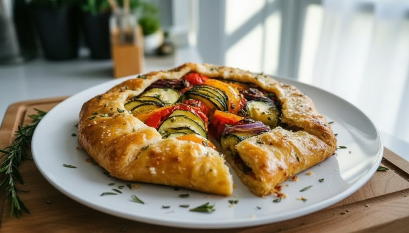 A golden-brown Mediterranean Vegetable Galette with zucchini and peppers.