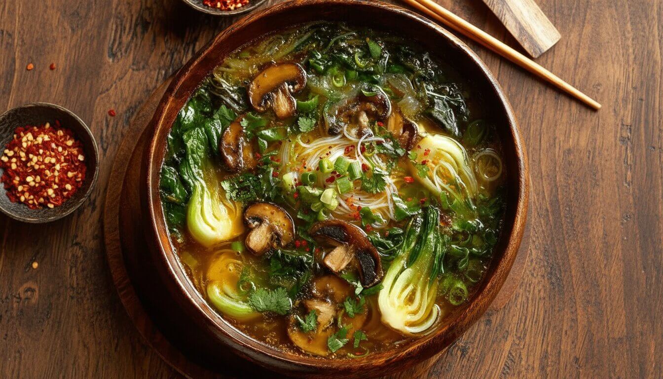 Overhead view of Mediterranean Healing Ginger Garlic Noodle Soup with mushrooms and bok choy.