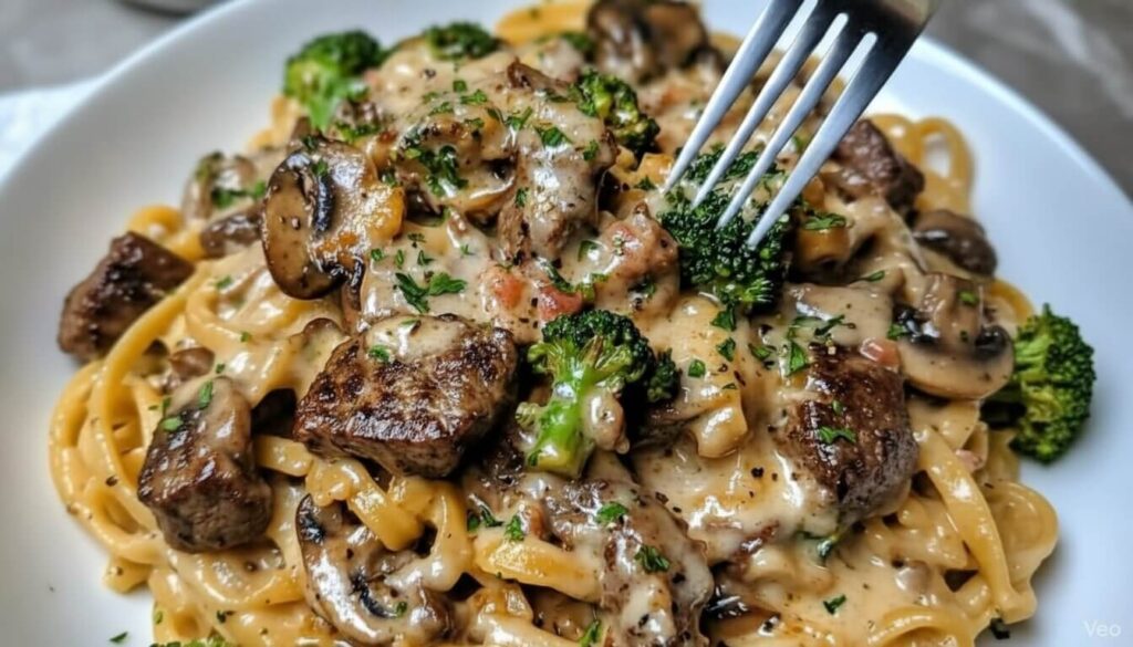 A bowl of creamy Mediterranean chicken mushroom pasta with broccoli and Parmesan.