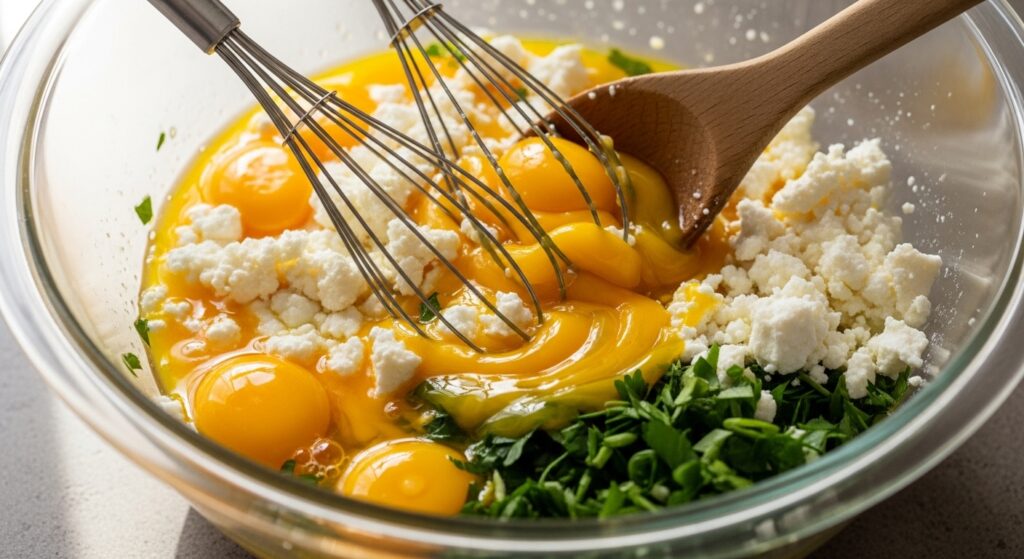 Whisked eggs and feta cheese being mixed in a bowl.