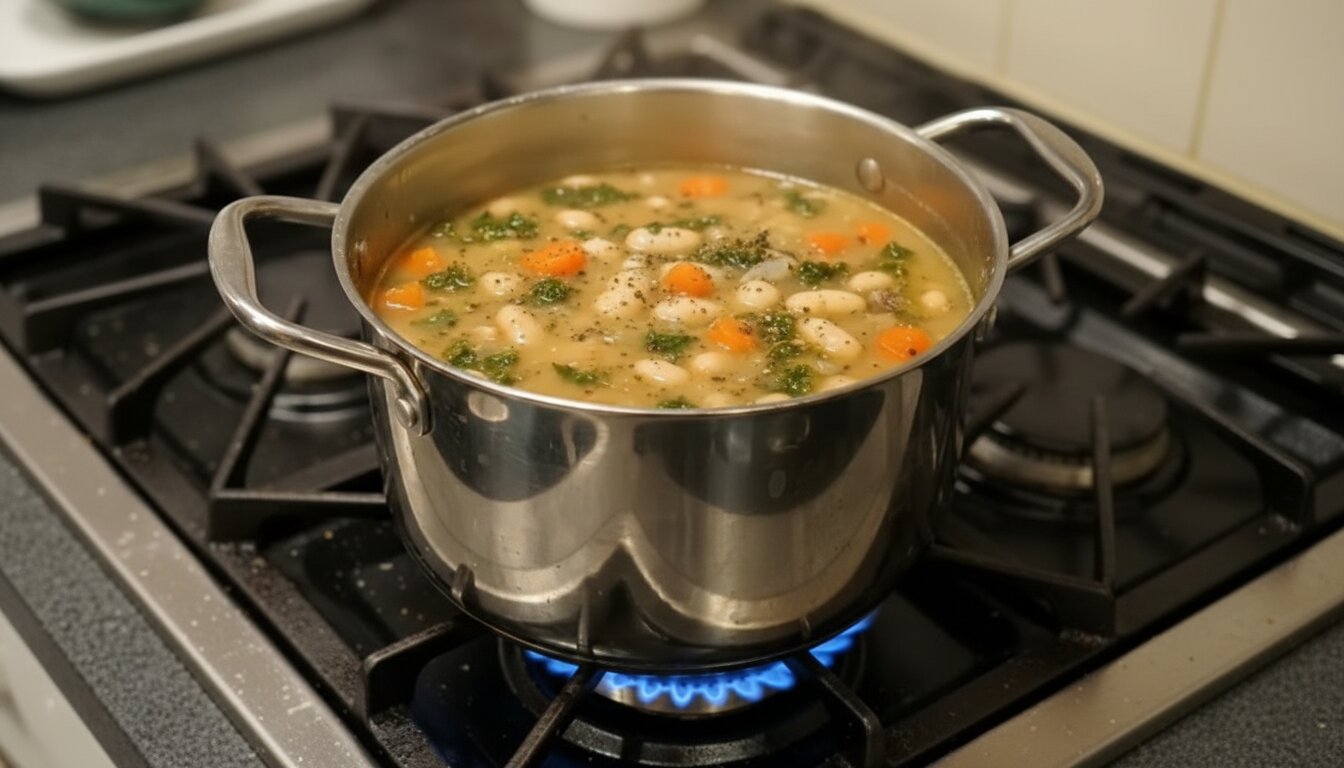 A bowl of rustic Tuscan white bean and kale soup