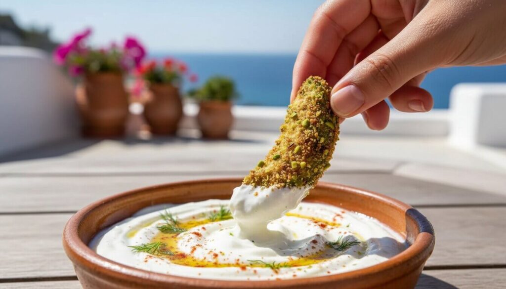Healthy avocado snack being dipped in Greek yogurt.