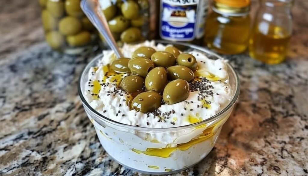 Mediterranean creamy olive & pickle bowl with cottage cheese and Greek yogurt.