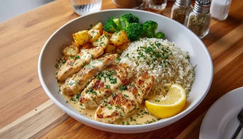Garlic Lemon Chicken with Cream Sauce, Rice and Greens recipe on a white plate.