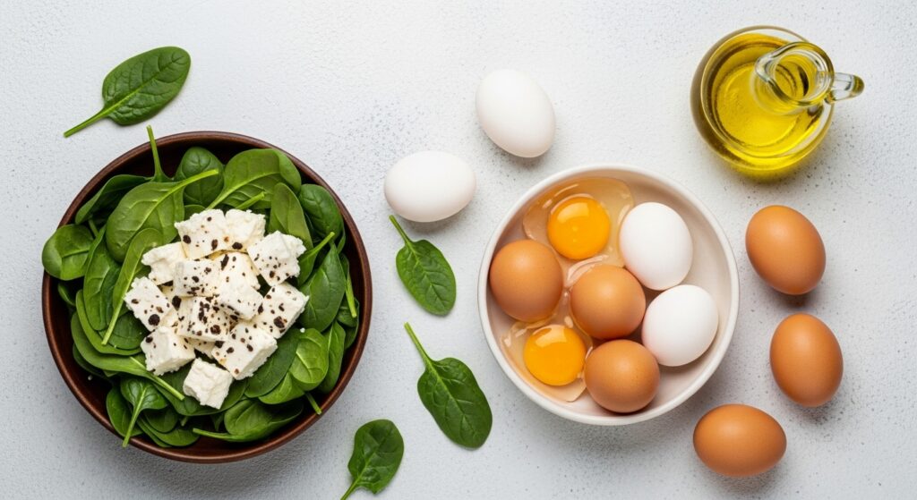 Ingredients for spinach and feta quiche recipe.