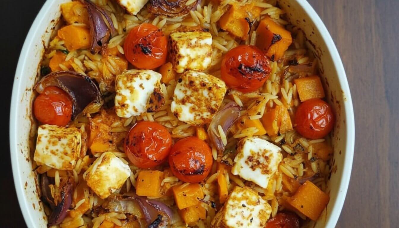 Top view of halloumi and butternut squash orzo bake in a white dish.