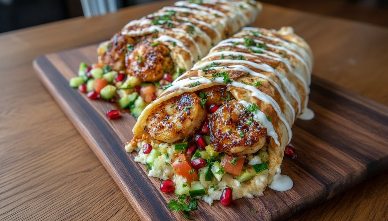heet Pan Shrimp Kebab Wrap with Garlic Yogurt Sauce and Sumac Salad.