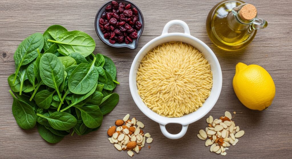 Raw ingredients for healthy orzo salad recipe including spinach, orzo, and almonds.