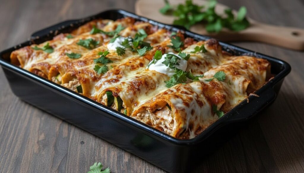 Healthy chicken enchilada bake with avocado and cilantro in a white baking dish.