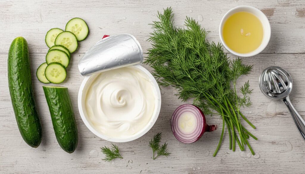 Ingredients for a healthy cucumber yogurt salad recipe.