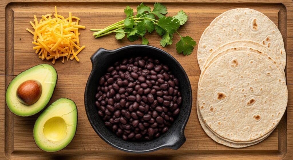 Ingredients for avocado black bean tortilla recipe.