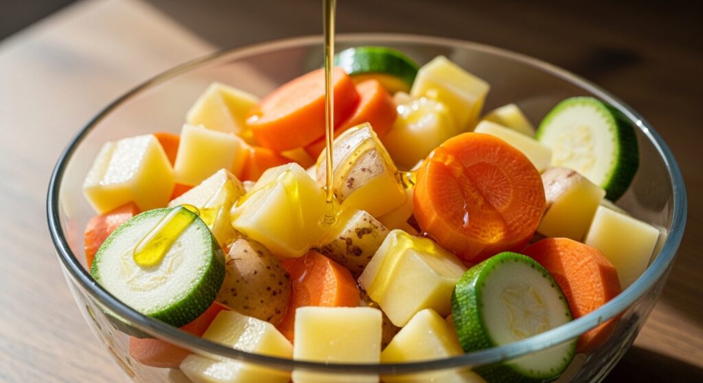 Tossing raw vegetables with olive oil and garlic in a bowl.