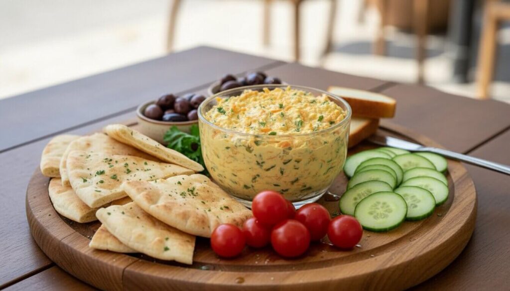Mediterranean mezze platter with carrot cheese spread and pita bread.
