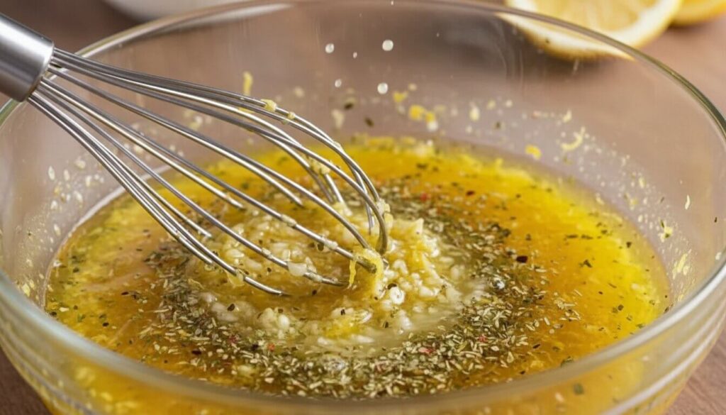 Fresh lemon garlic marinade with olive oil and herbs in a glass bowl.