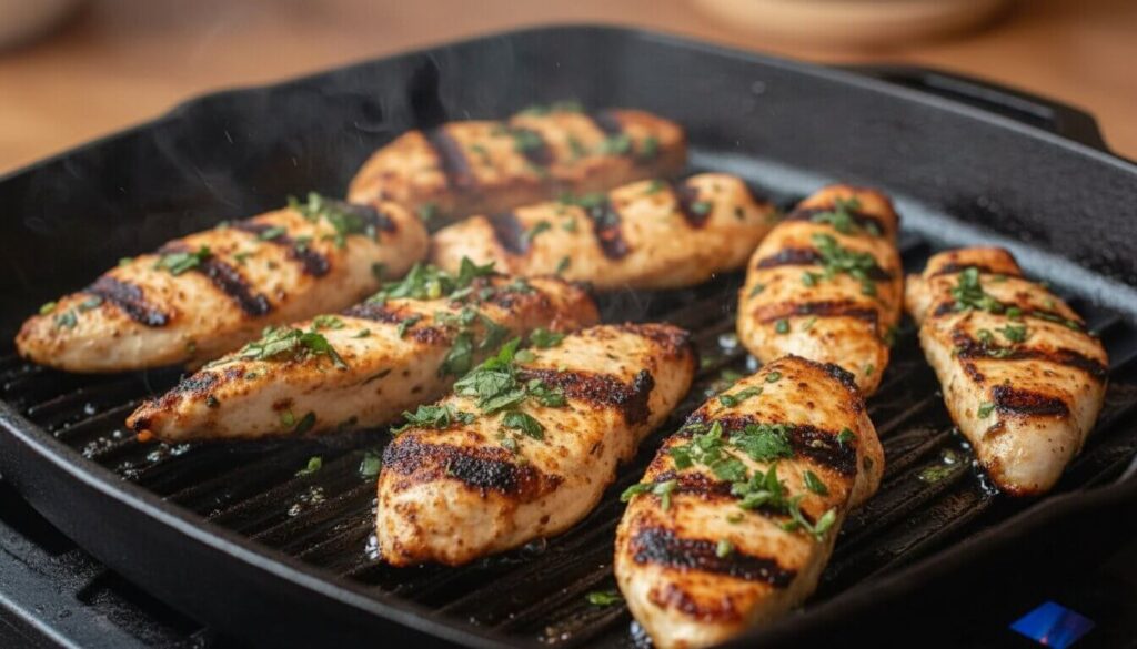 Grilling chicken tenders for Mediterranean bowl