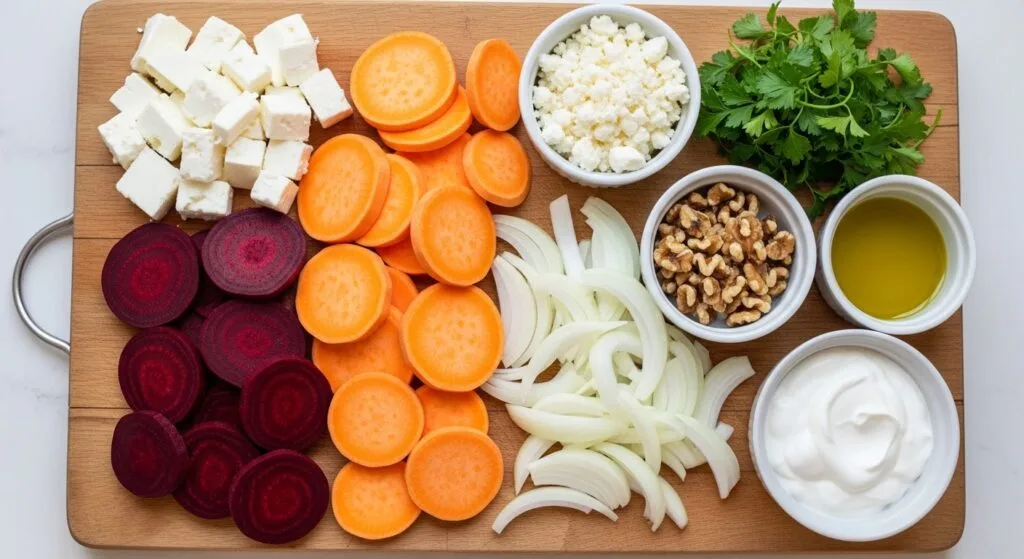 Overhead shot of raw sliced beets, sweet potatoes, onion, feta, and walnuts.