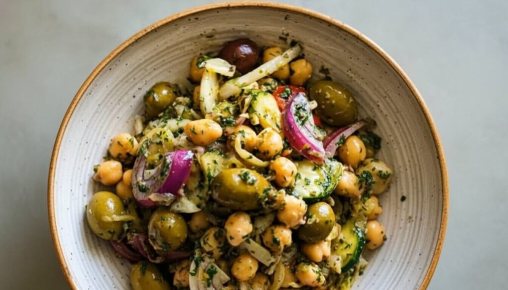 Close up of a vibrant Marinated Za'atar Bean Salad in a bowl.