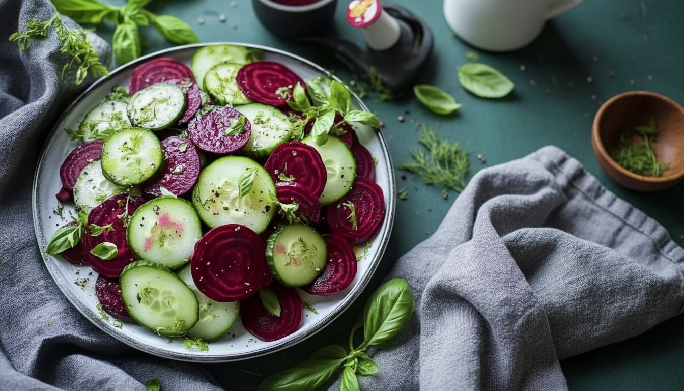 Cucumber and Beetroot Salad with Fresh Herbs recipe in a white bowl.