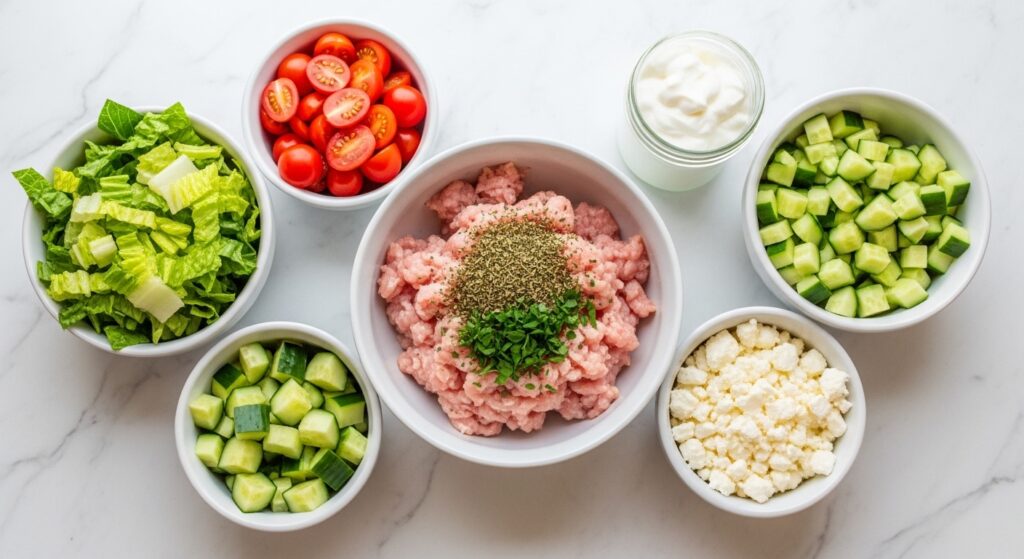 Flat lay of fresh ingredients for a healthy burger bowl recipe, including ground meat, chopped vegetables, feta, and greek yogurt on a white marble counter.