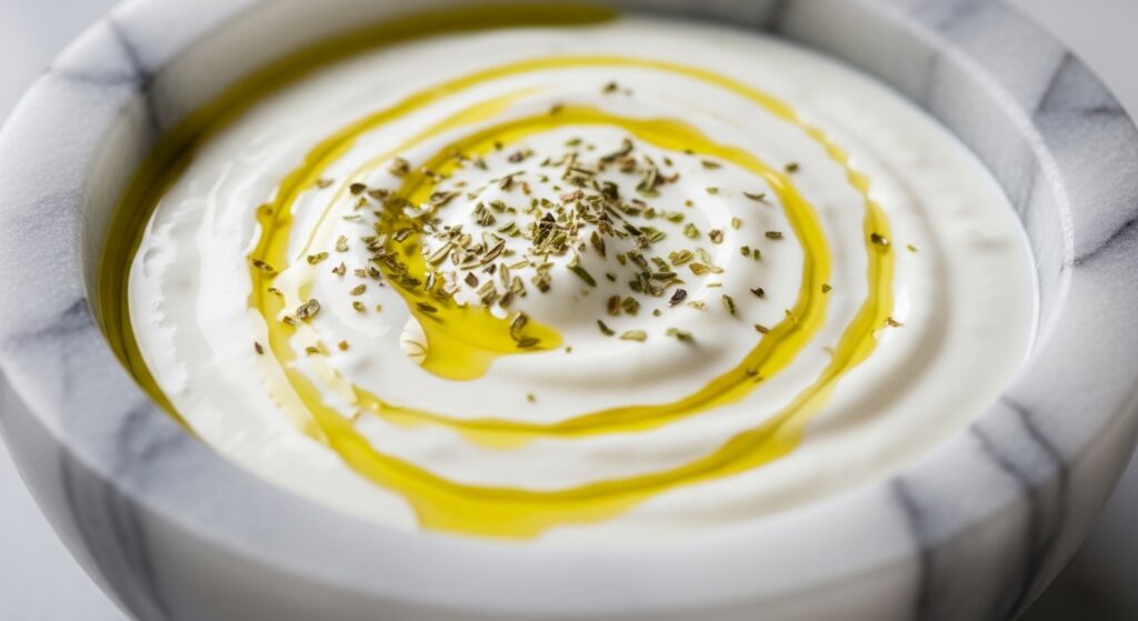 High-protein garlic yogurt sauce in a bowl.