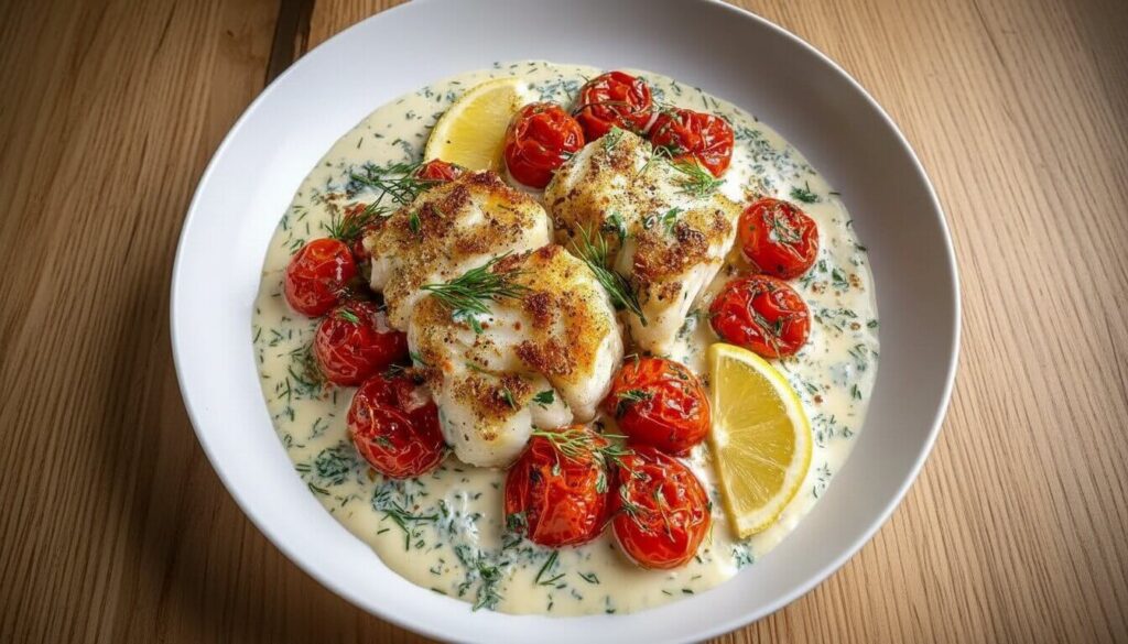 mediterraneanLemon Herb Butter Baked Cod with tomatoes