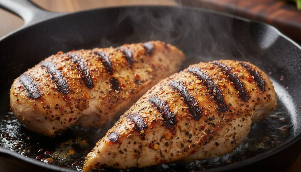 Marinated chicken searing for an elote chicken bowl.