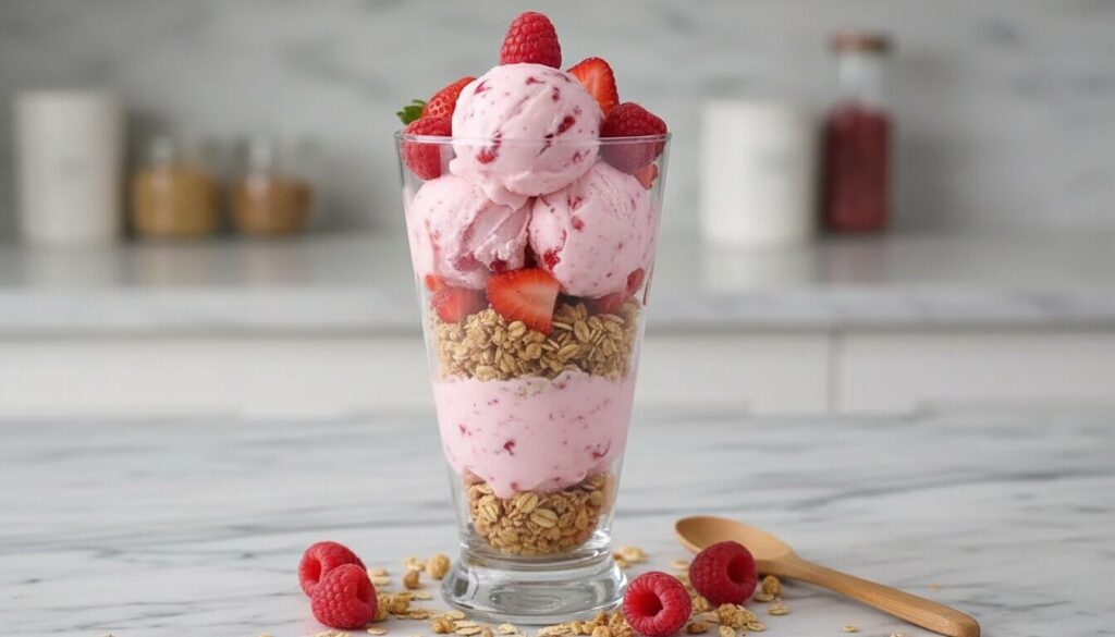 Strawberry Greek yogurt ice cream served as a breakfast parfait with granola.