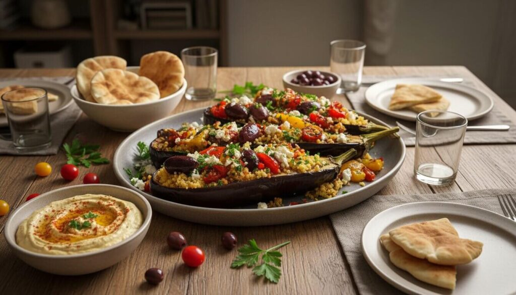 Stuffed eggplant served with sides.