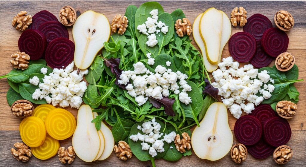 Ingredients for Mediterranean Roasted Beet and Pear Salad.
