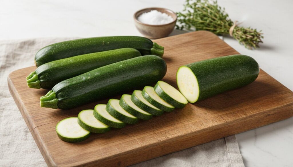 Sliced zucchini rounds on a wooden board for gratin preparation.