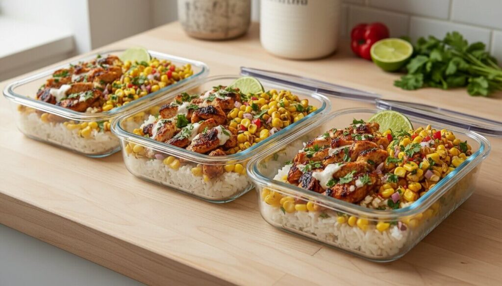 Street corn chicken rice bowl meal prep containers.