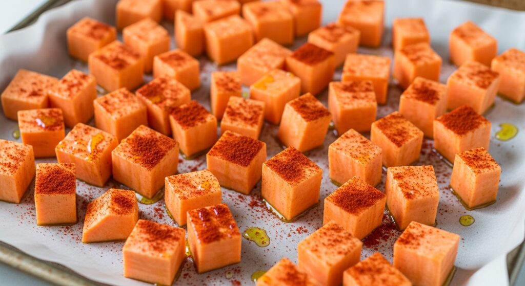 Cubed raw sweet potatoes seasoned with paprika and olive oil on a baking sheet for roasting