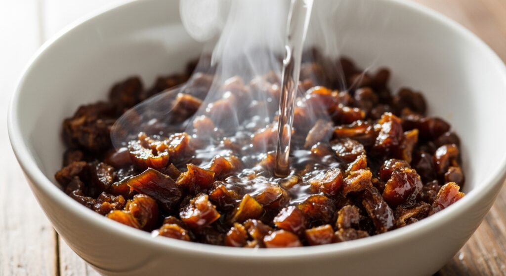 Chopped dates soaking in hot water for a date walnut cake recipe.