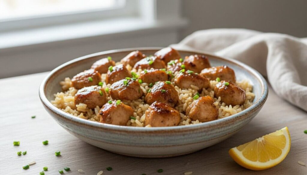 Plated Mediterranean Honey-Lemon Garlic Chicken and Rice garnished with chives.