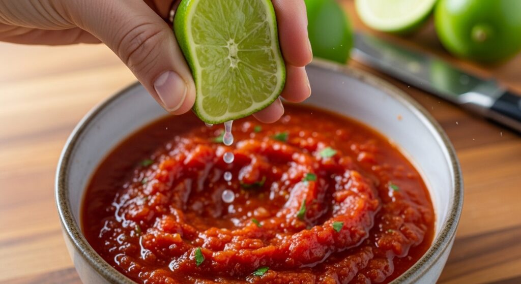Mixing the tomato and lime base for shrimp cocktail.
