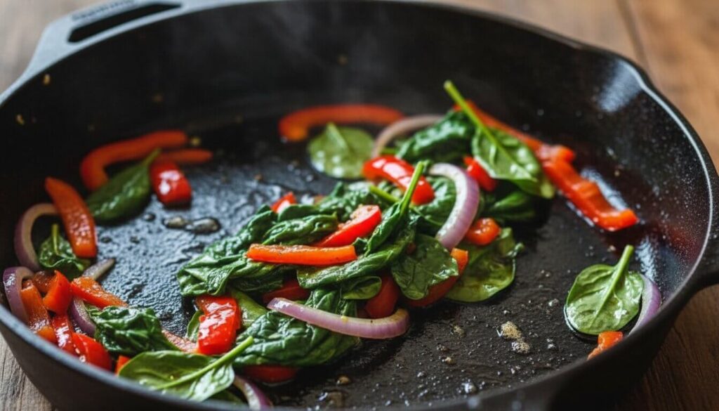 Sautéing Mediterranean vegetables for steak quesadilla filling.