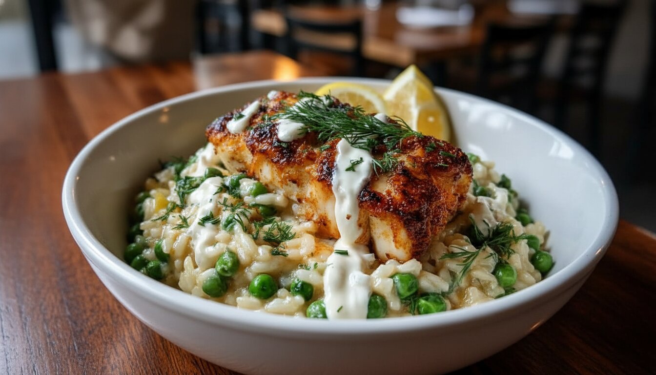 Plated Sheet Pan Cod and Spring Pea Risotto with High-Protein Lemon-Herb Crema.