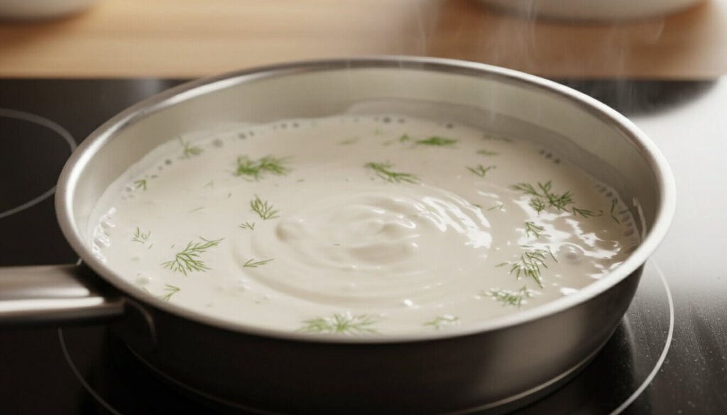 Creamy lemon dill sauce simmering in a pan for seafood.