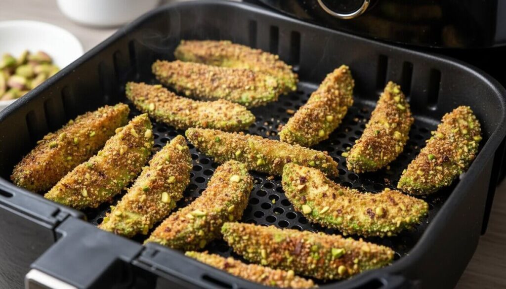 Air fryer avocado fries showing crispy pistachio texture.