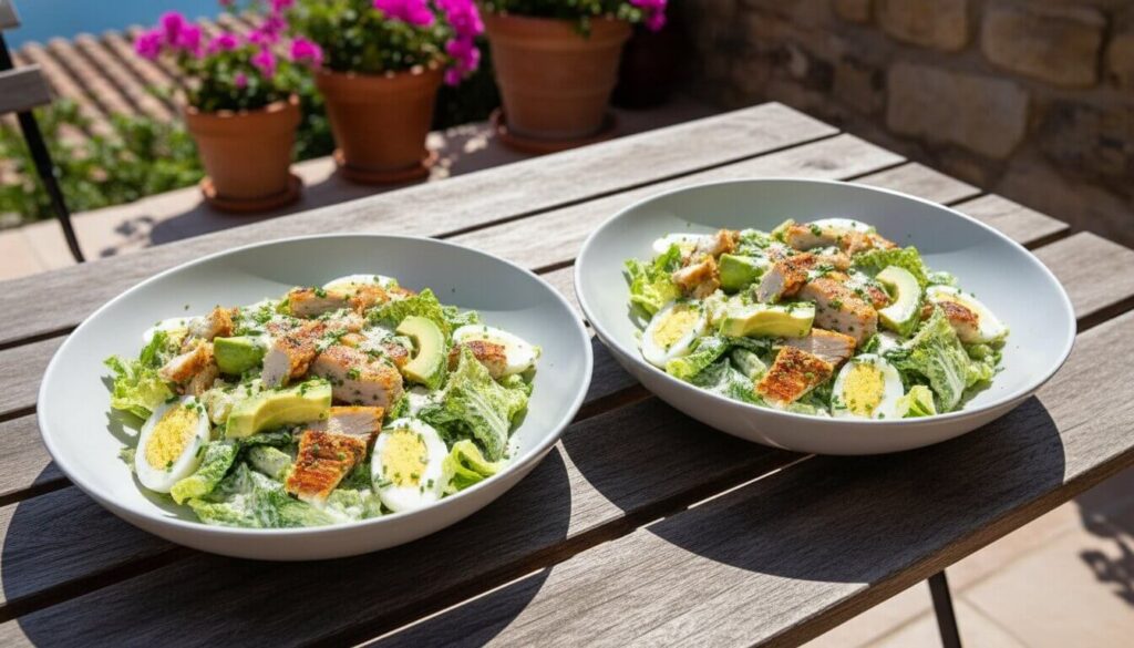 Two servings of keto chicken Caesar salad on a sunny table.