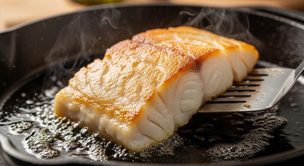 Searing a cod fillet in a pan to create a golden crust.