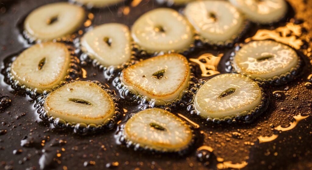 Minced garlic sautéing in extra-virgin olive oil.