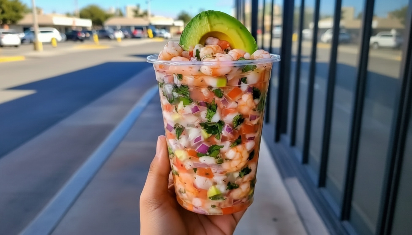 Authentic Mexican Shrimp Cocktail in a glass with avocado slices.