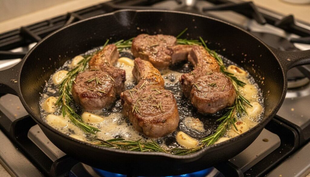 Searing lamb chops in a cast iron skillet with garlic and rosemary.