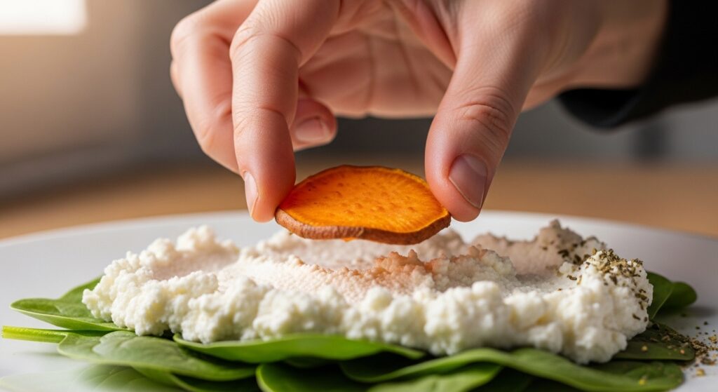 How to layer a no-pasta vegetable lasagna using sweet potato sheets.