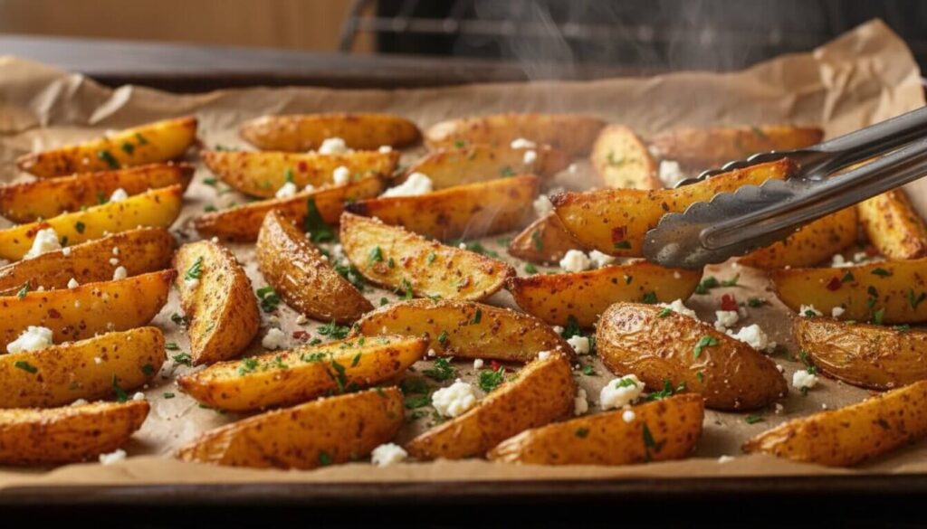 Oven-baked Greek potato wedges browning on a parchment-lined baking sheet.
