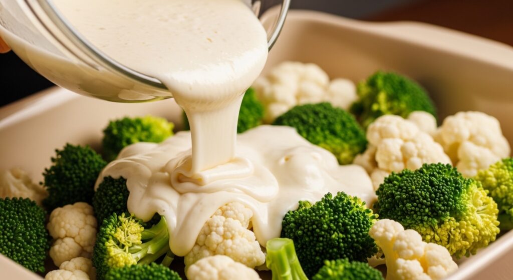 Pouring creamy sauce over broccoli and cauliflower for casserole.