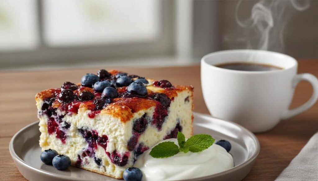 Blueberry breakfast bake served with Greek yogurt and coffee.