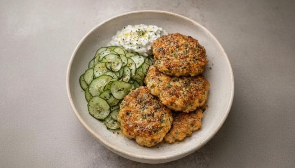 Overhead shot of a Mediterranean burger bowl recipe featuring a sliced turkey patty, cherry tomatoes, cucumbers, Kalamata olives, feta cheese, and homemade tzatziki sauce.